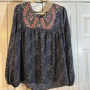 HAILEY & CO BOUTIQUE Printed Embroidered‎ Long Sleeve Top Navy Size Small Flowy